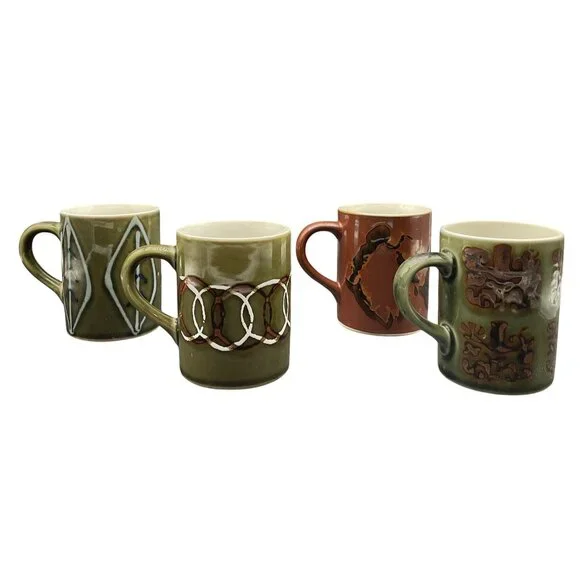 Vtg Set Of 4 MCM Ceramic Mugs Unique Abstract Designs & Earthy Tones 3.75"H - Picture 3 of 6
